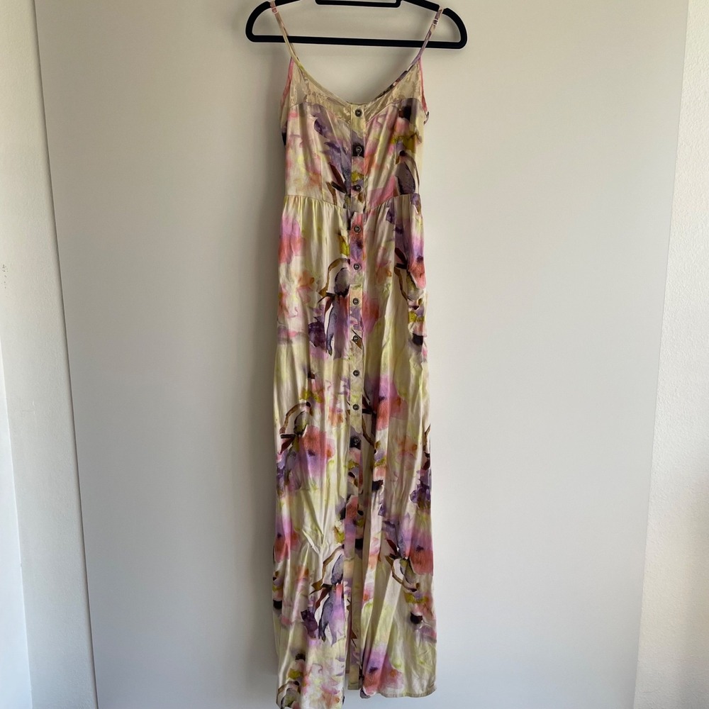 Mimi Chica Watercolor Floral Maxi Dress Button Front Lace Trim Womens S Small